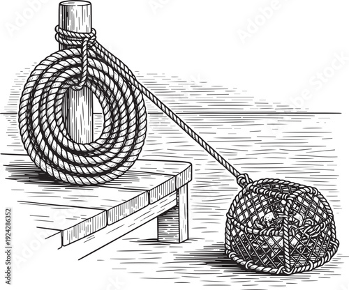 Nautical Rope, Dock, and Trap Engraving Illustration of Maritime