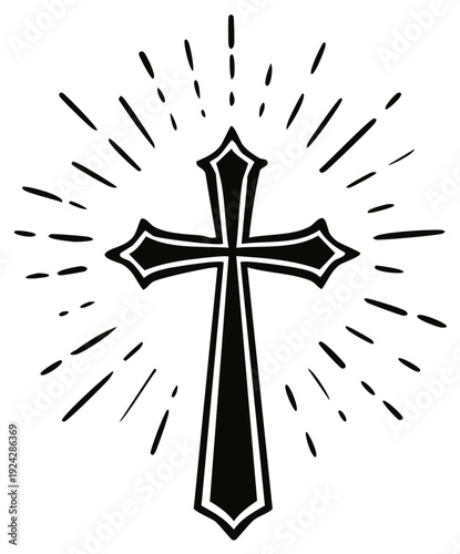 Stylized Christian cross symbol radiating light beams in a stark black and white illustration