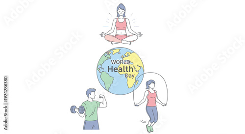 Fitness and health icon set. Includes exercise, meditation, globe, and wellness symbols. Created in line style with colorful palette