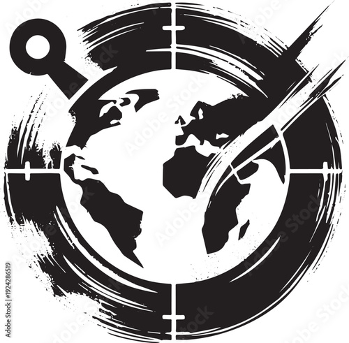 Abstract monochrome globe illustration with brushstroke elements