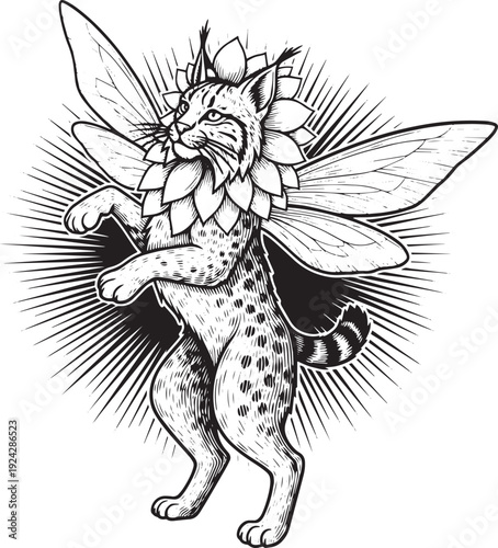 Engraved illustration of whimsical lynx-fairy hybrid creature wi
