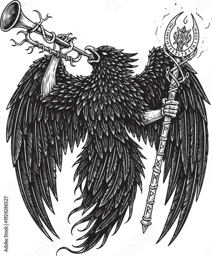Monochrome raven herald blowing horn and holding magical staff i