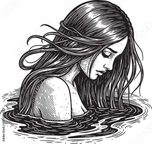 Monochrome engraving of a contemplative woman immersed in reflec