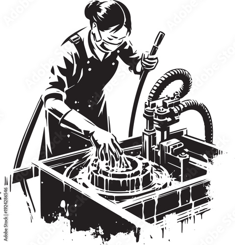 Diligent industrial machinery cleaning by a woman in sumi-e illu