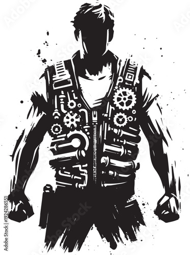 Monochromatic mechanical man illustration embodying industrial a
