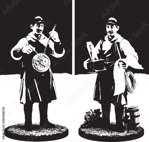 Woodcut Illustration of Tradesmen: Watchmaker and Wine Merchant