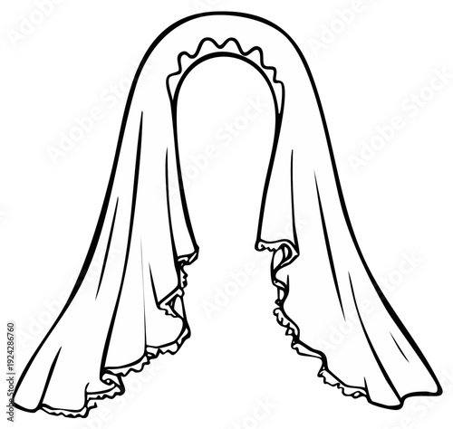 Elegant Head Covering Veil with Ruffled Edges Line Art Illustration
