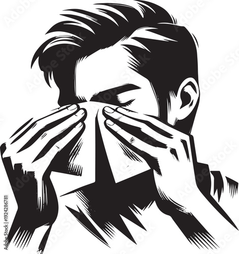 Monochromatic illustration of a man wiping his eyes with a tissu