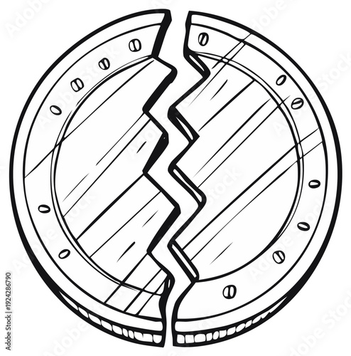 Hand-drawn illustration of a broken round wooden shield with a jagged crack