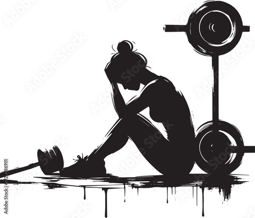 Sumi-e illustration of a stressed woman with weights after worko