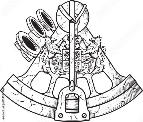 Antique Navigation Tool Engraved Illustration Featuring Heraldic