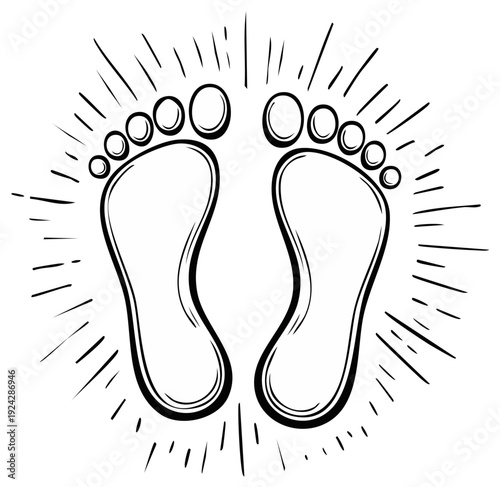 Hand-drawn outline of bare feet with radiating lines symbolizing energy or a new beginning
