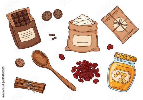 A casual arrangement of holiday baking ingredients. The image is isolated on a transparent background. Modern, graphic, flat design.