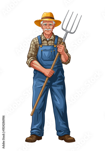 Flat vector full length illustration of an elderly male farmer with a pitchfork, weathered, friendly face, straw hat and checkered shirt under denim overalls.
