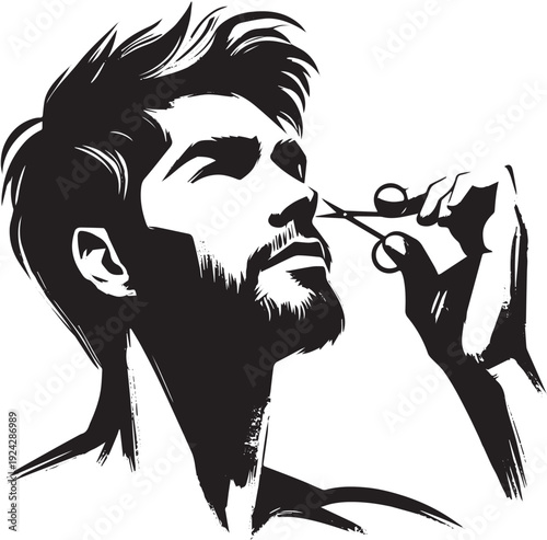 Minimalist monochrome illustration of a man grooming his nose ha