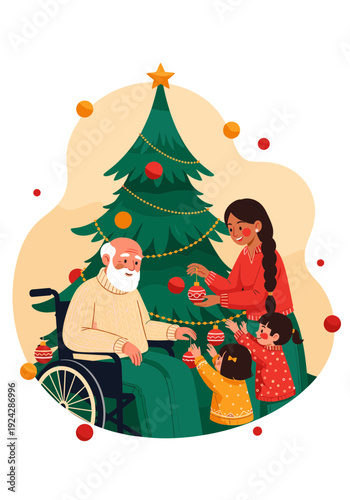 A family of four (a grandfather with a white beard, his adult daughter, and two young children) decorate a Christmas tree. The partial background is a "soft cloud" shape.
