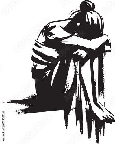 Ink wash illustration depicting a pensive woman in quiet reflect