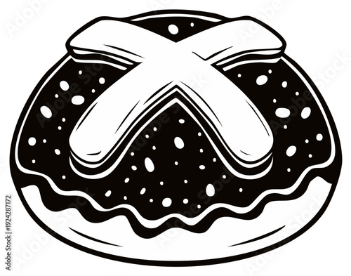 Black and white illustration of a traditional hot cross bun with a cross on top