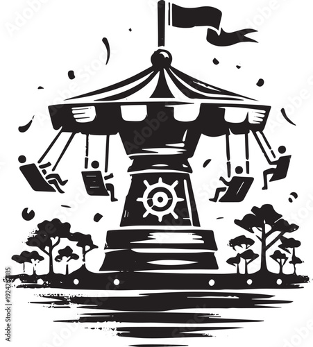 Minimalist Sumi-e Style Carnival Ride Icon with Swings and Flag