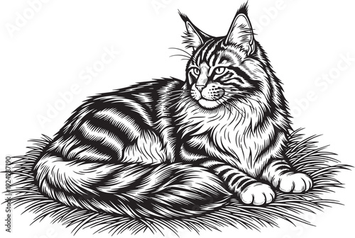 Engraved Maine Coon Cat Illustration: Detailed Black and White F