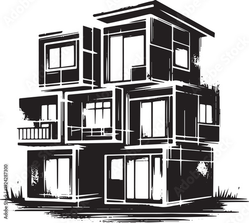 Stylized modular home concept rendered in a minimalist monochrom
