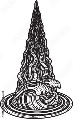 Monochrome woodcut illustration of tall water column erupting fr