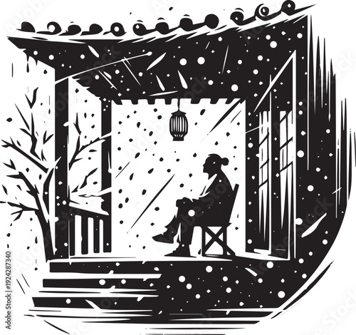 Monochrome depiction of winter contemplation on a porch in a sty