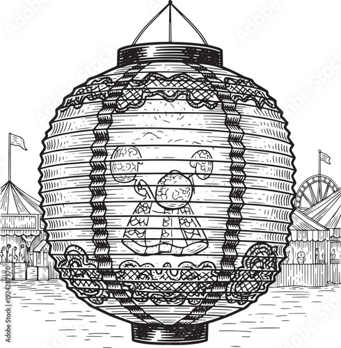Monochrome Illustration of a Decorative Lantern Against a Carniv
