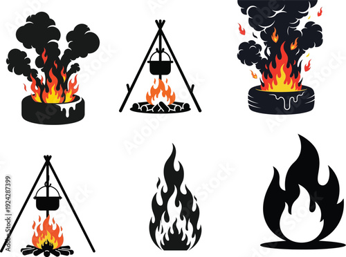 Collection of campfire and flame icons in various styles and settings