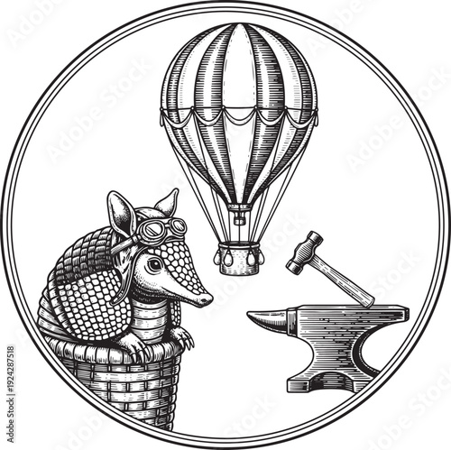 Armadillo aviator in hot air balloon engraving with anvil and ha