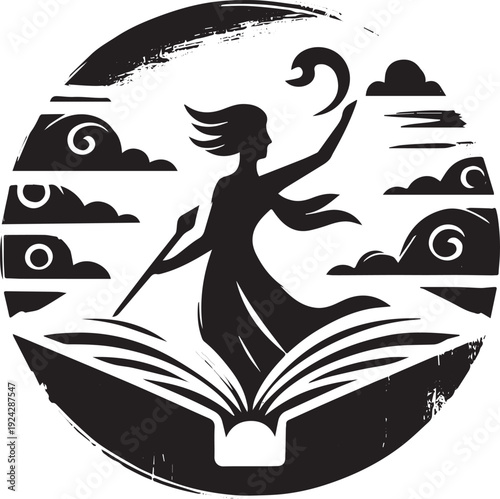 Abstract illustration of a woman emerging from a book under a cl