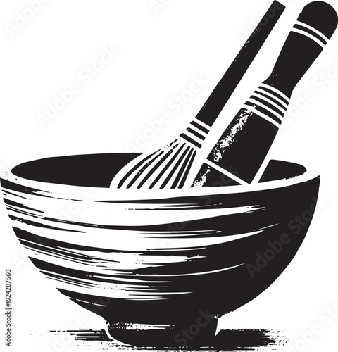Minimalist Sumi-e Illustration: A Black and White Mixing Bowl wi