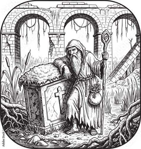 Enigmatic Hermit Resting on Tombstone in Ancient Ruin Woodcut Il