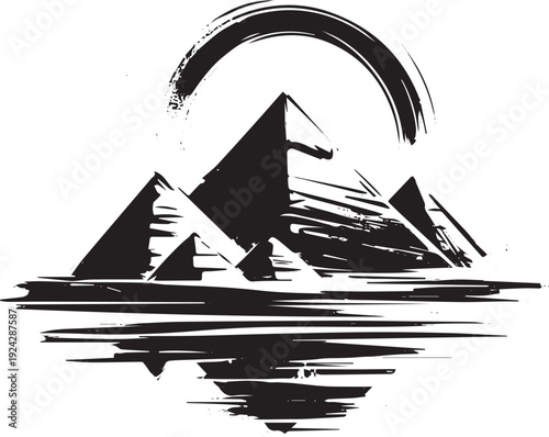 Dramatic brushstroke interpretation of pyramids reflecting in st