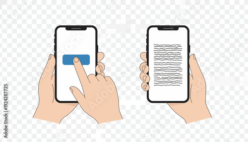 Hands holding smartphones with blank screen and document.