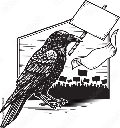Raven's Rally: Engraved Illustration of Protest with a Crow Lead