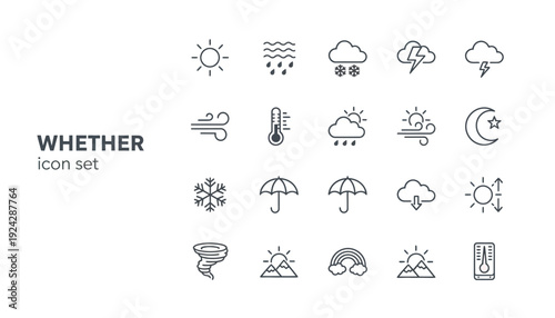 Set of simple line icons representing various weather conditions and related elements.