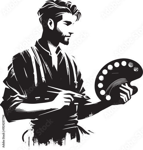 Monochrome illustration of an artist with palette and brushstrok