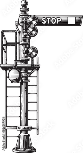 Vintage Engraved Illustration of a Railway Signal Tower with Sto