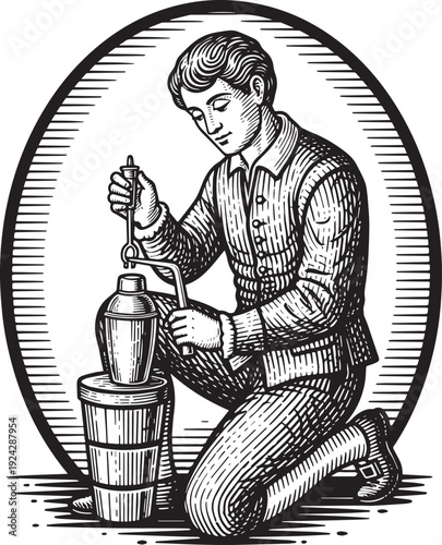 Vintage etched illustration of a bartender preparing a drink wit