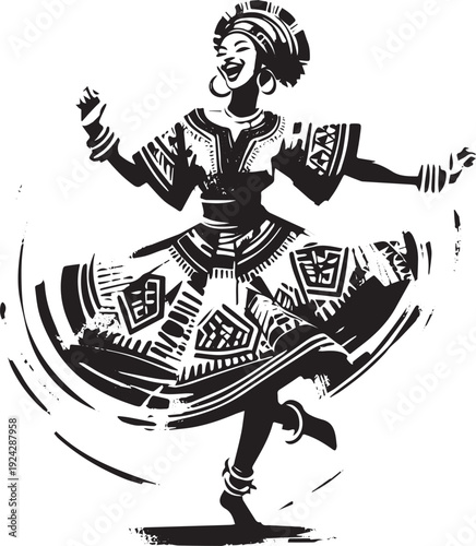Exuberant woman dances in traditional Afrobeat attire, sumi-e br