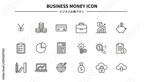 Set of simple line icons representing business and finance concepts.