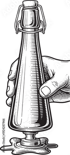 Elegant Hand Holding Vintage Bottle in Woodcut Style Illustratio