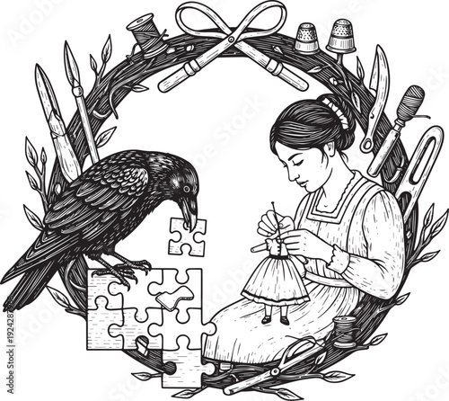 Raven with puzzle and woman sewing doll in engraved, etched wood