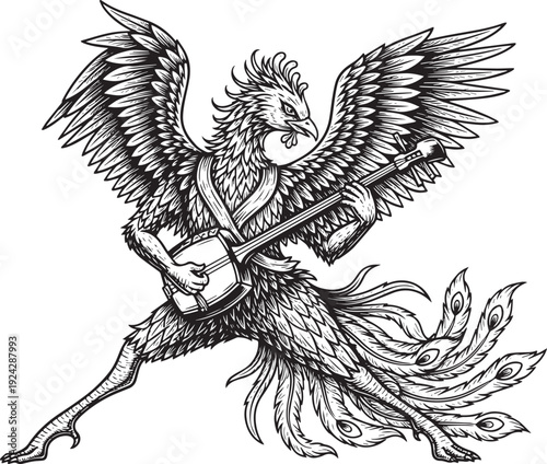 Engraved phoenix playing shamisen, mythical bird musician, artis