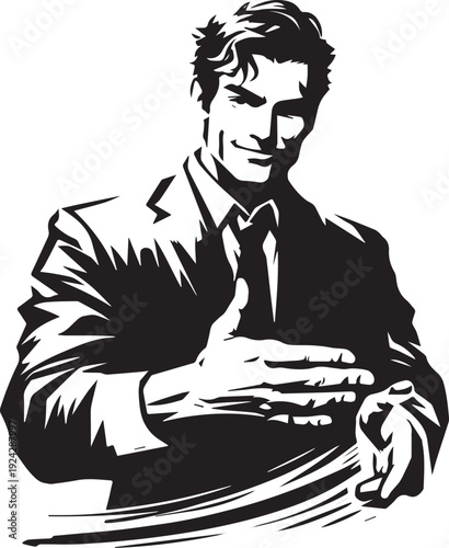 Monochrome stylized portrait of confident man offering a handsha