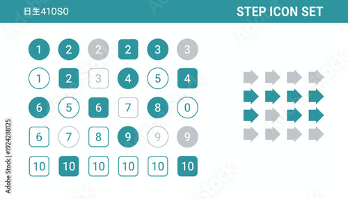 Collection of numbered step icons and directional arrow icons in various shades of teal and gray.