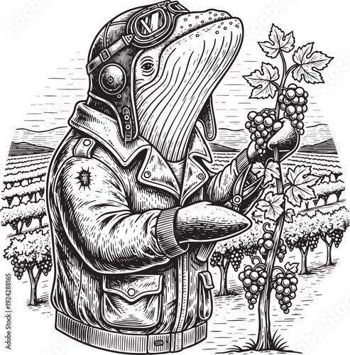 Aviator whale harvesting grapes at a vineyard in black and white