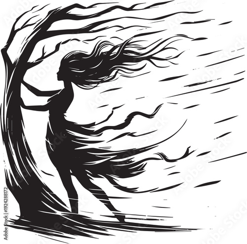 Silhouette of a woman bracing against windstorm at a tree in mon