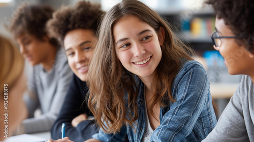 Happy multiethnic group teenager student friends classroom discussion, positive support communication showing, learning together moment educational diversity, with copy space